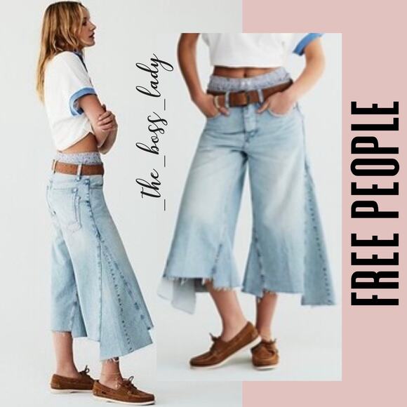 Free People jeans wide-leg 24L cropped pieced cotton flare pants - Picture 4 of 10